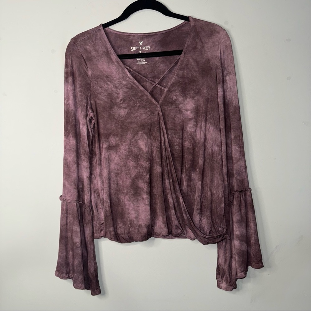 American Eagle Soft & Sexy Purple Tie Dye Bell Sleeve Wrap Top Womens Medium